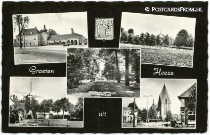 ansichtkaart: Heeze, Gemeentehuis - Kasteel - Boslaan - Leenderweg - R.K. Kerk